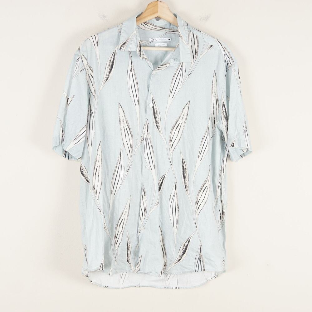 Zara Regular Fit Botanical Leaf Print Mint Green Short Sleeve Button Shirt XL